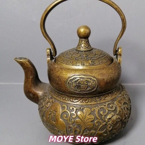 銅 細工 茶道具 浮彫り 福禄茶壺 提梁銅壺 水徳利 工芸品 美術品