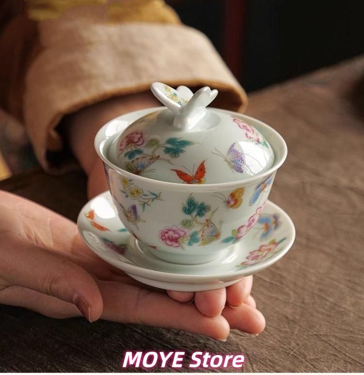 zw0128 蝶恋花三才蓋碗 中国茶器 景徳鎮 蓋付き茶器 飲茶食器 - メルカリ