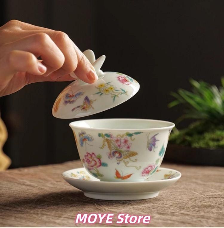 zw0128 蝶恋花三才蓋碗 中国茶器 景徳鎮 蓋付き茶器 飲茶食器 - メルカリ