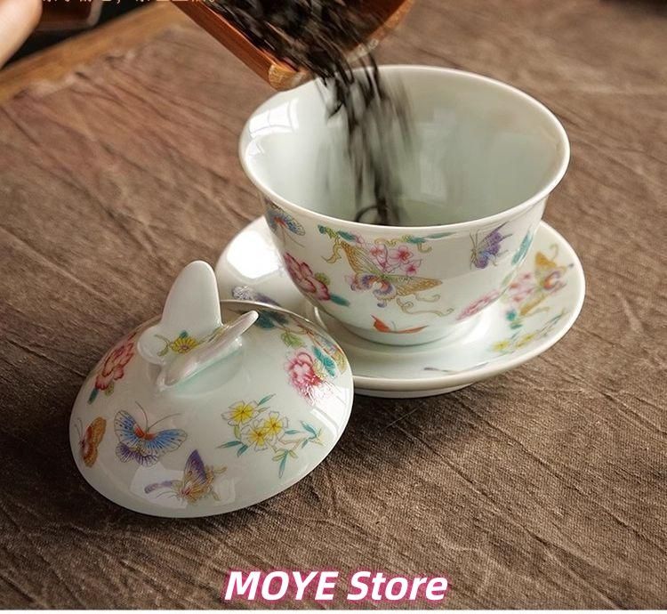 zw0128 蝶恋花三才蓋碗 中国茶器 景徳鎮 蓋付き茶器 飲茶食器 - メルカリ