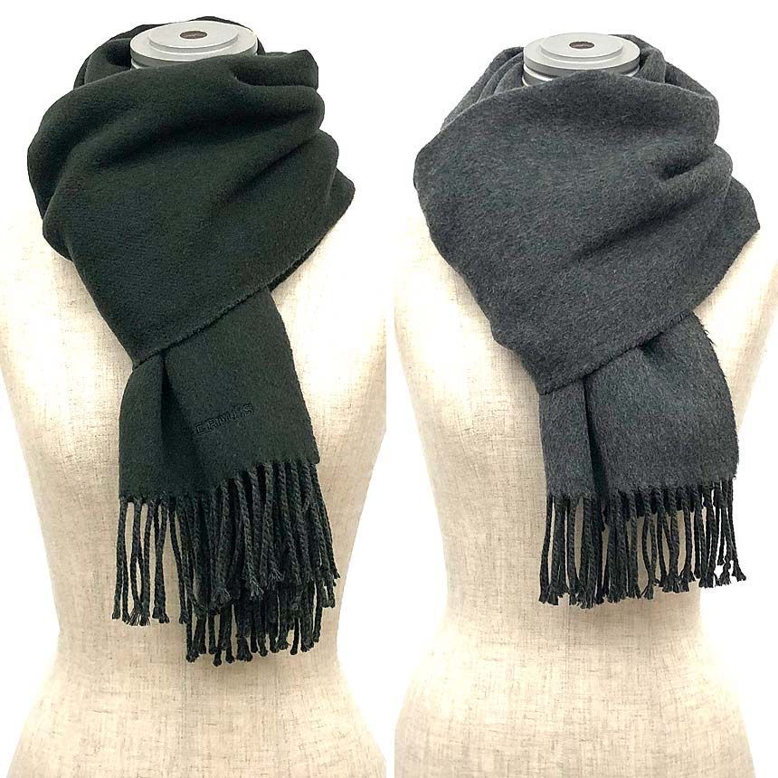 HERMES エルメス カシミヤ マフラー グリーン×グレー バイカラー