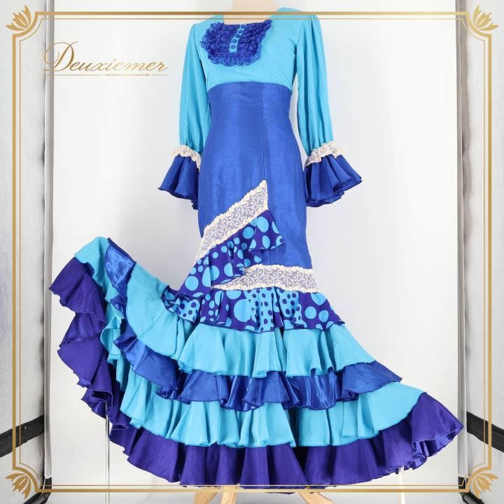 フラメンコ衣装　ツーピース　花柄ブルー フラメンコ 衣装 トップス ファルダ ツーピース セットアップ 青