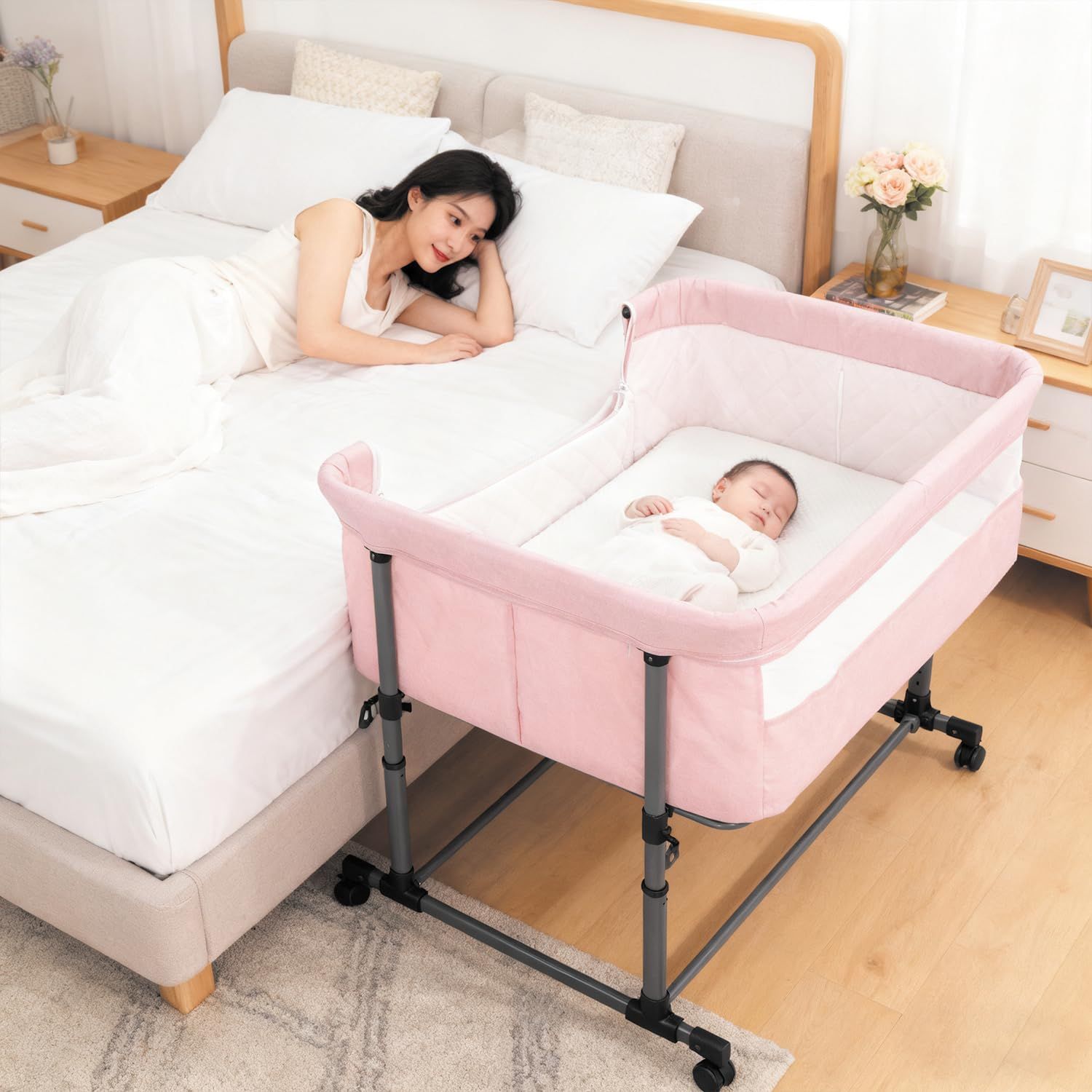 新品 MTWML ツインベビーベッド 双子用ポータブルクレードル 高さ調節