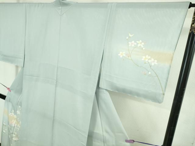 平和屋着物＊極上　夏物　訪問着　友禅　作家物　絽　枝花に小鳥　藍白色地　逸品　未使用　DZAB3564kh6 平和屋着物＊極上 夏物 訪問着 友禅 作家物 絽 枝花に小鳥 藍白色地