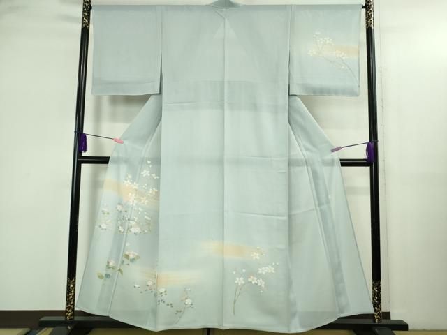 平和屋着物＊極上　夏物　訪問着　友禅　作家物　絽　枝花に小鳥　藍白色地　逸品　未使用　DZAB3564kh6 平和屋着物＊極上 夏物 訪問着 友禅 作家物 絽 枝花に小鳥 藍白色地