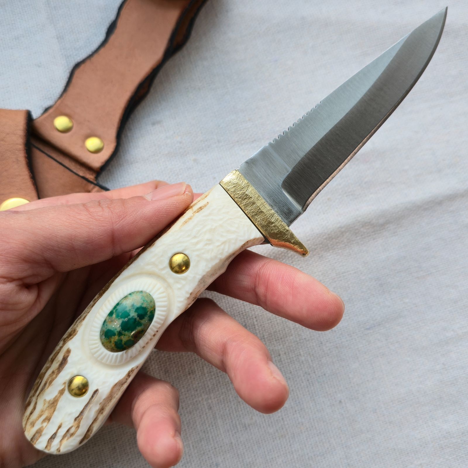 鹿の角 天然石3種のフルタングナイフ