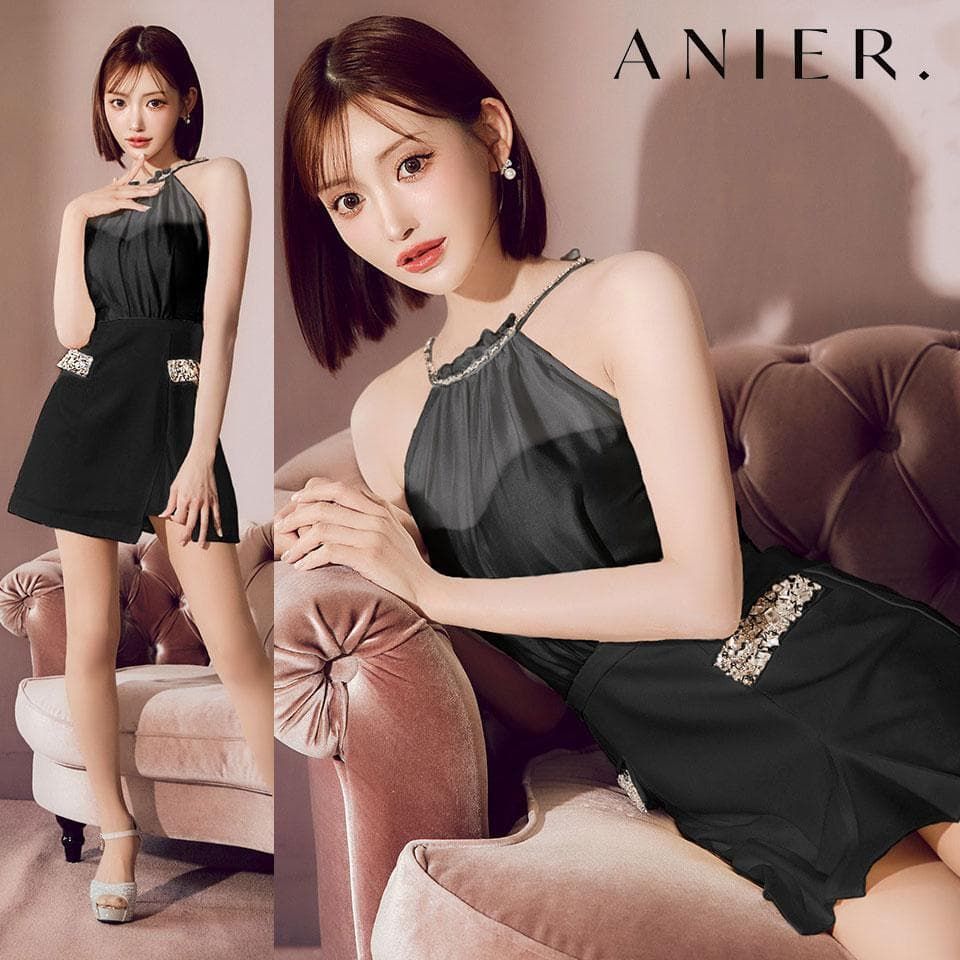 ANIER. アニエル Satin Bijou back open halter mini dress anier4051