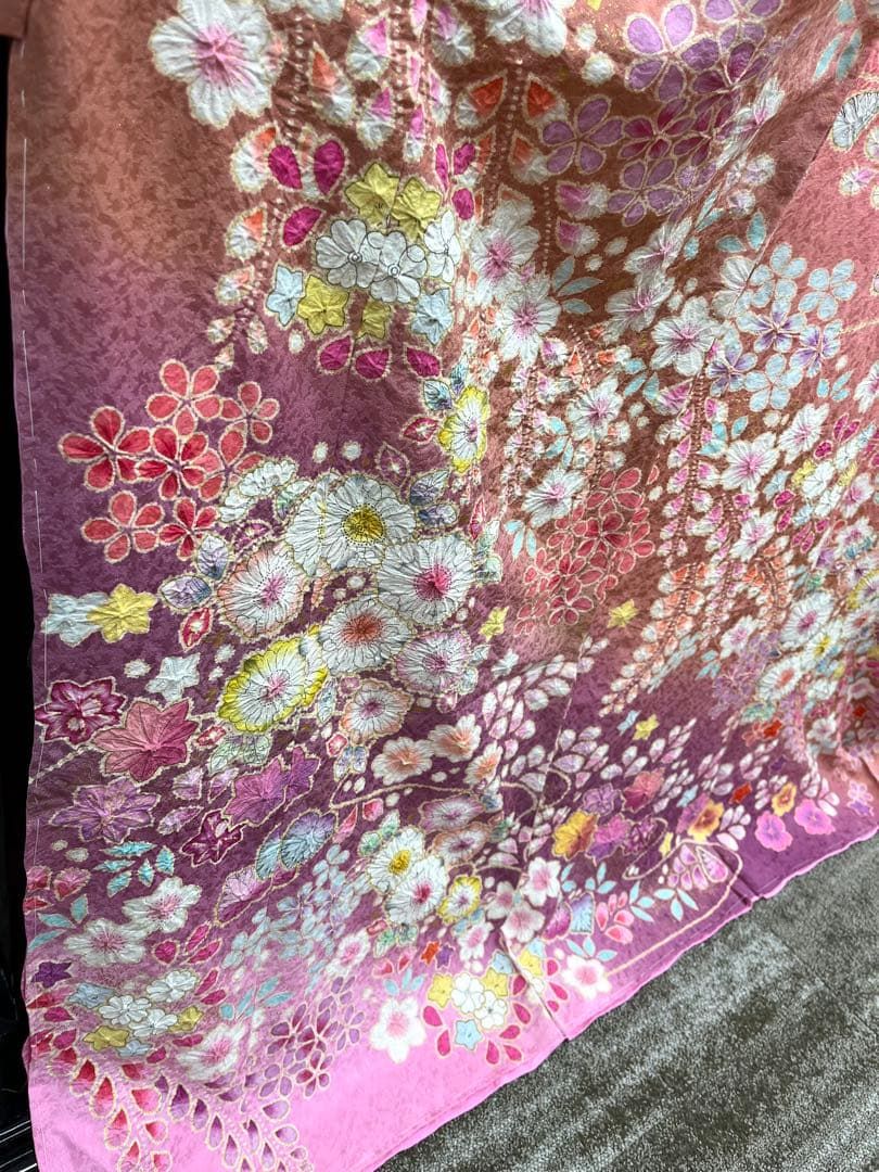 桐屋 翠山工房 振袖 仮絵羽 銀通し 正絹 未仕立て品 八掛付き MOK889