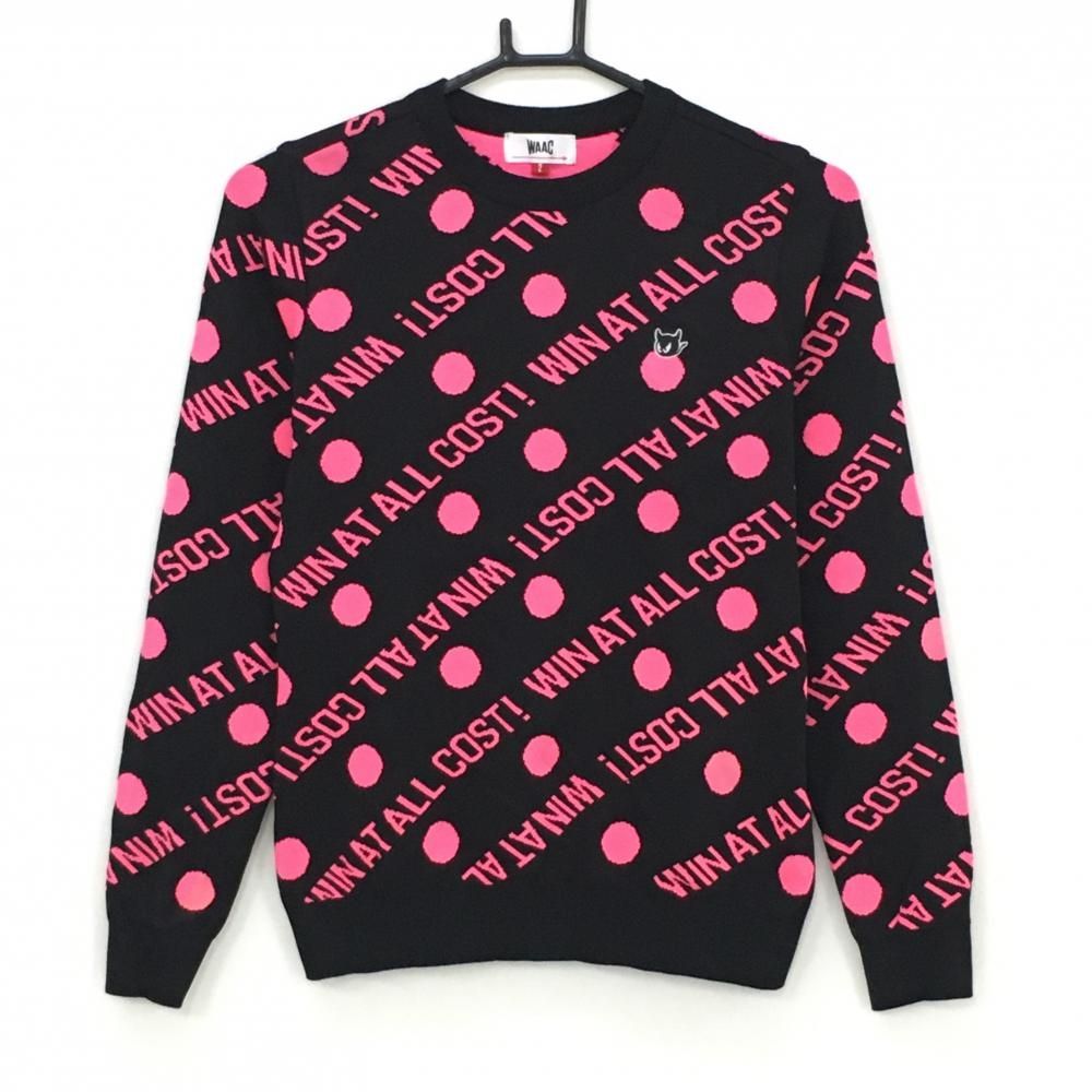超美品】ワック セーター 黒×蛍光ピンク ドット 英字総柄 韓国モデル