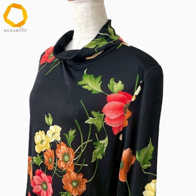 anc レオナール LEONARD ワンピース L 黒 マルチ 花柄 ハイネック