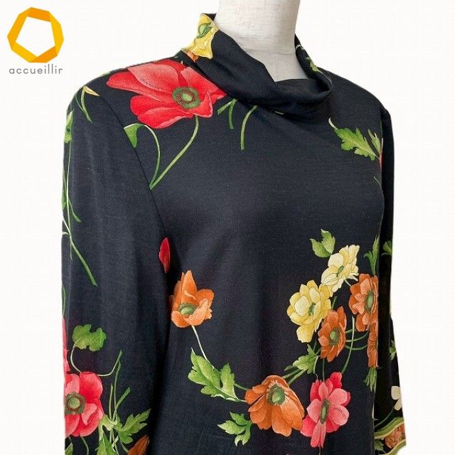 anc レオナール LEONARD ワンピース L 黒 マルチ 花柄 ハイネック