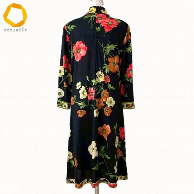 anc レオナール LEONARD ワンピース L 黒 マルチ 花柄 ハイネック