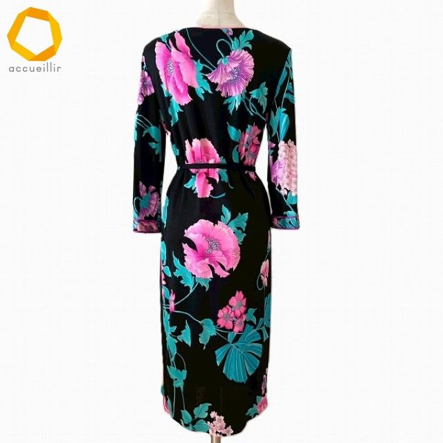 anc レオナール LEONARD ワンピース 38 黒 ピンク系 マルチ 花柄