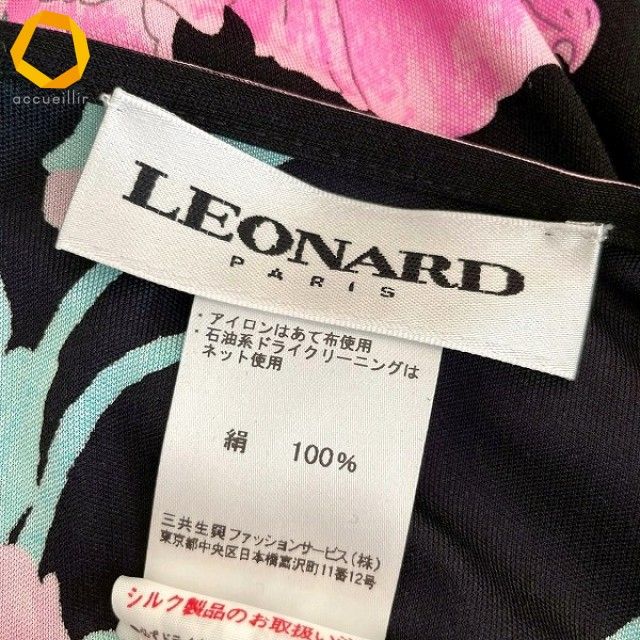 anc レオナール LEONARD ワンピース 38 黒 ピンク系 マルチ 花柄