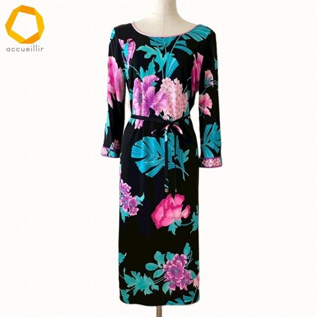 anc レオナール LEONARD ワンピース 38 黒 ピンク系 マルチ 花柄