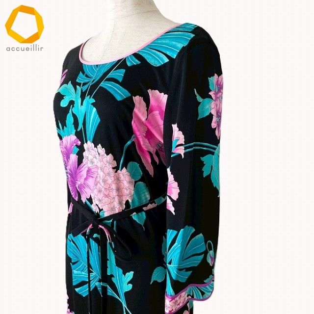 anc レオナール LEONARD ワンピース 38 黒 ピンク系 マルチ 花柄