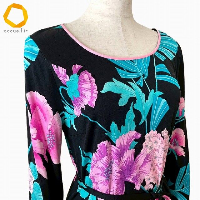 anc レオナール LEONARD ワンピース 38 黒 ピンク系 マルチ 花柄