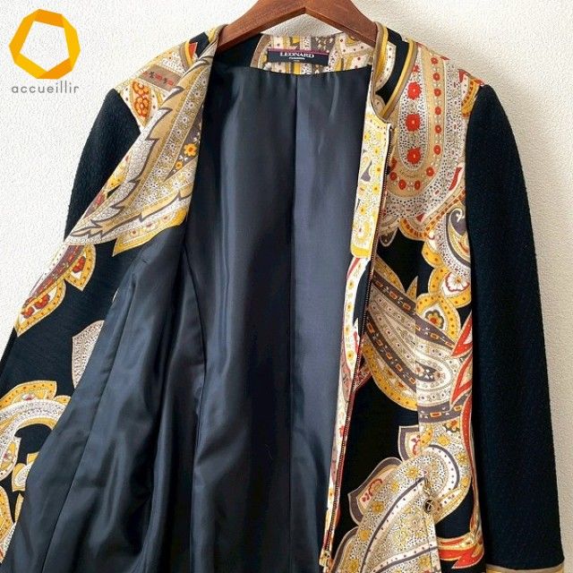 anc レオナール LEONARD ジャケット 11 黒 黄系 マルチ 柄 ペイズリー