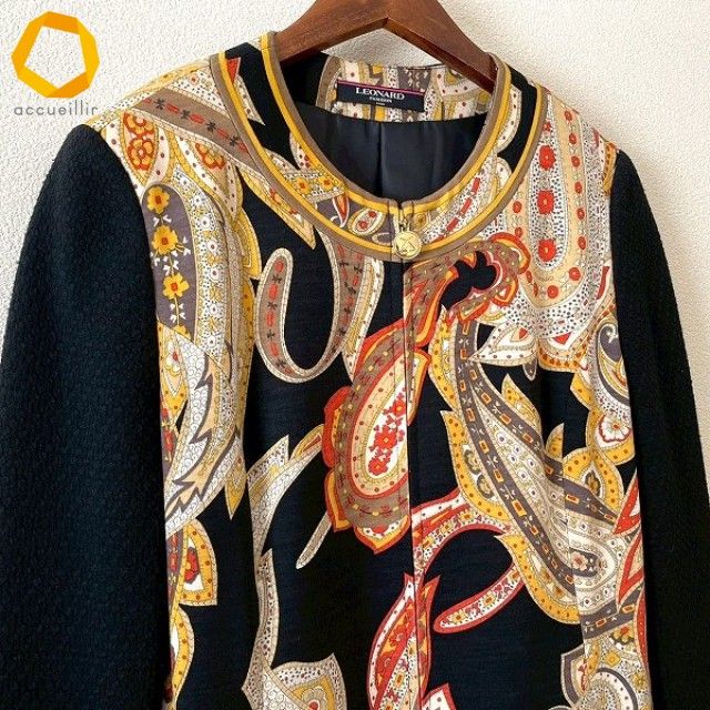 anc レオナール LEONARD ジャケット 11 黒 黄系 マルチ 柄 ペイズリー