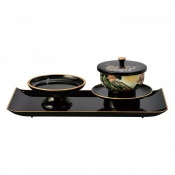 鉄仙 お給仕セット 小 4.2寸 黒 フチ金 山水 九谷焼