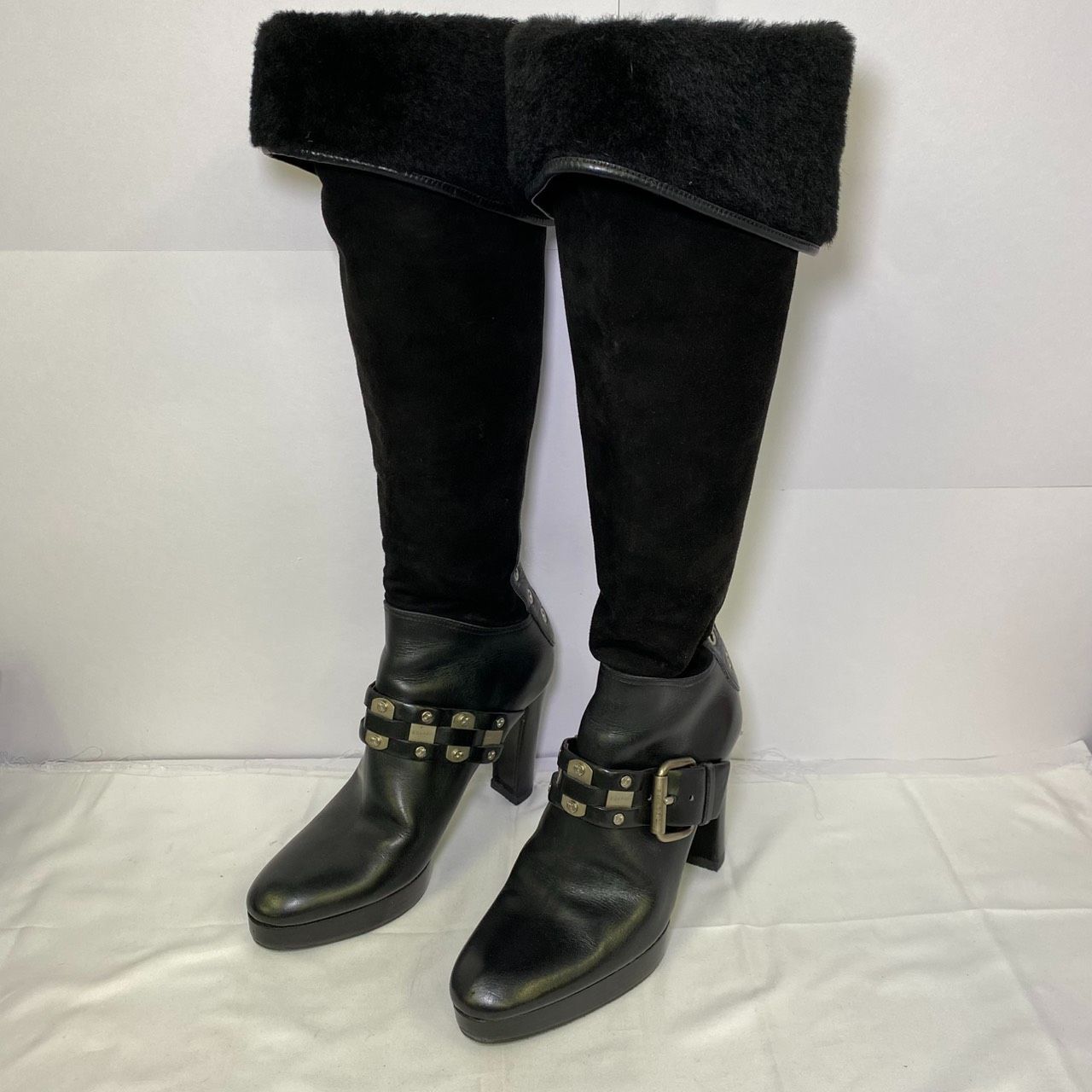 CELINE セリーヌ ブラックロングブーツ 高ヒール スエードファー