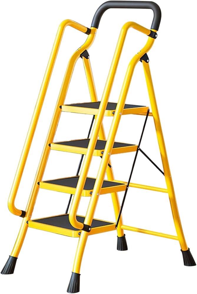 脚立 折りたたみ 持ち手付き 踏み台 ステップスツール 鉄素材 耐荷重150㎏ ワイドペダル 頑丈 引っ越し 掃除 電球の取替に エアコン掃除に 滑り止め付き 多機能 室内 屋外 折りたたみ式はしご 4段 ハンドル付き