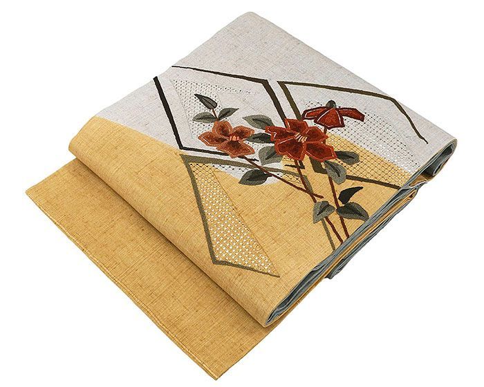 生紬 汕頭刺繍 名古屋帯 未使用 ご購入者❣️ 名古屋帯 未使用 正絹 椿 菱 相良 汕頭 紬 未着用 新古品 九寸