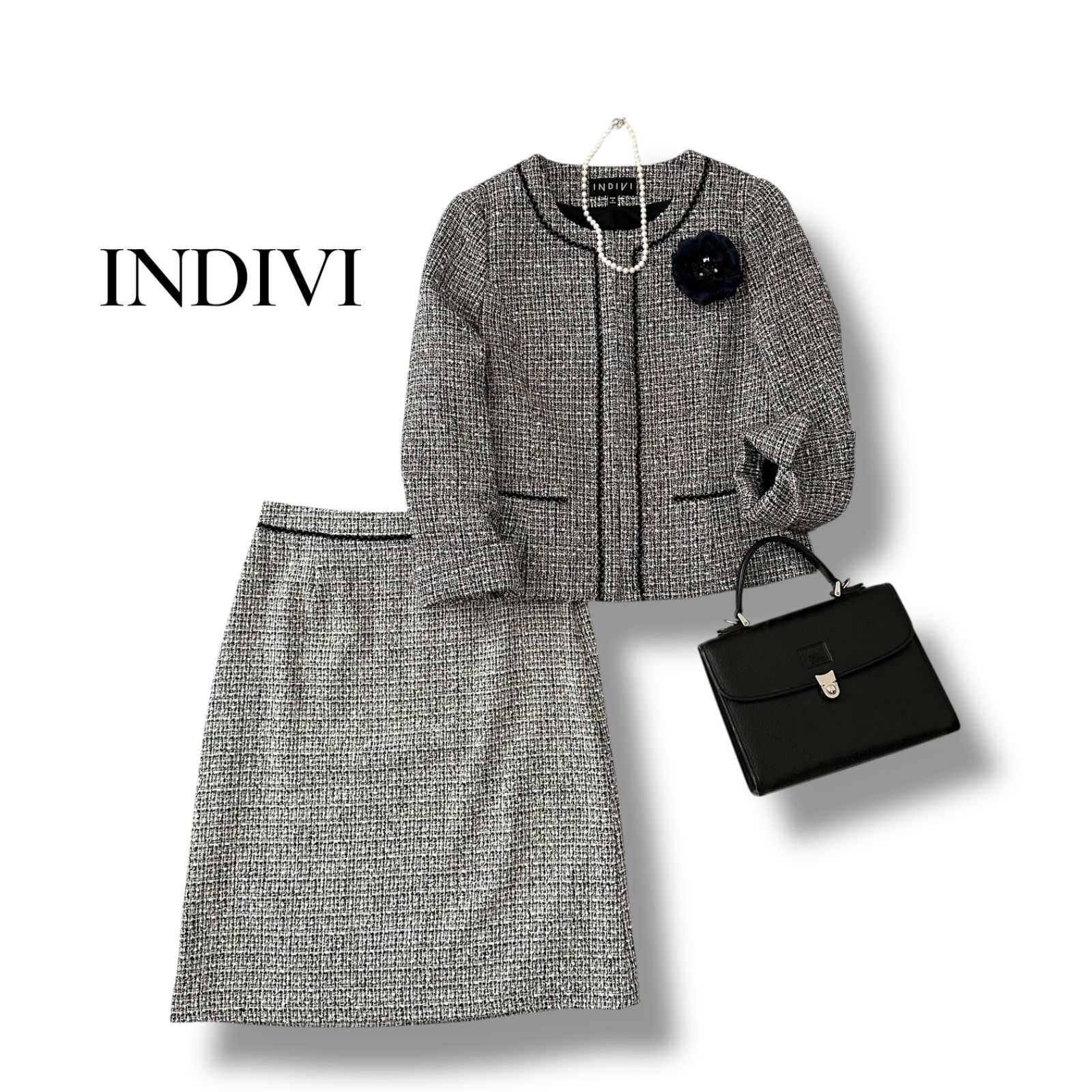 INDIVI スーツセットアップ　ブラック 38 ツイードラメ　セレモニー INDIVI ネオブライト ツイード セットアップ ジャケット 38 M スカート