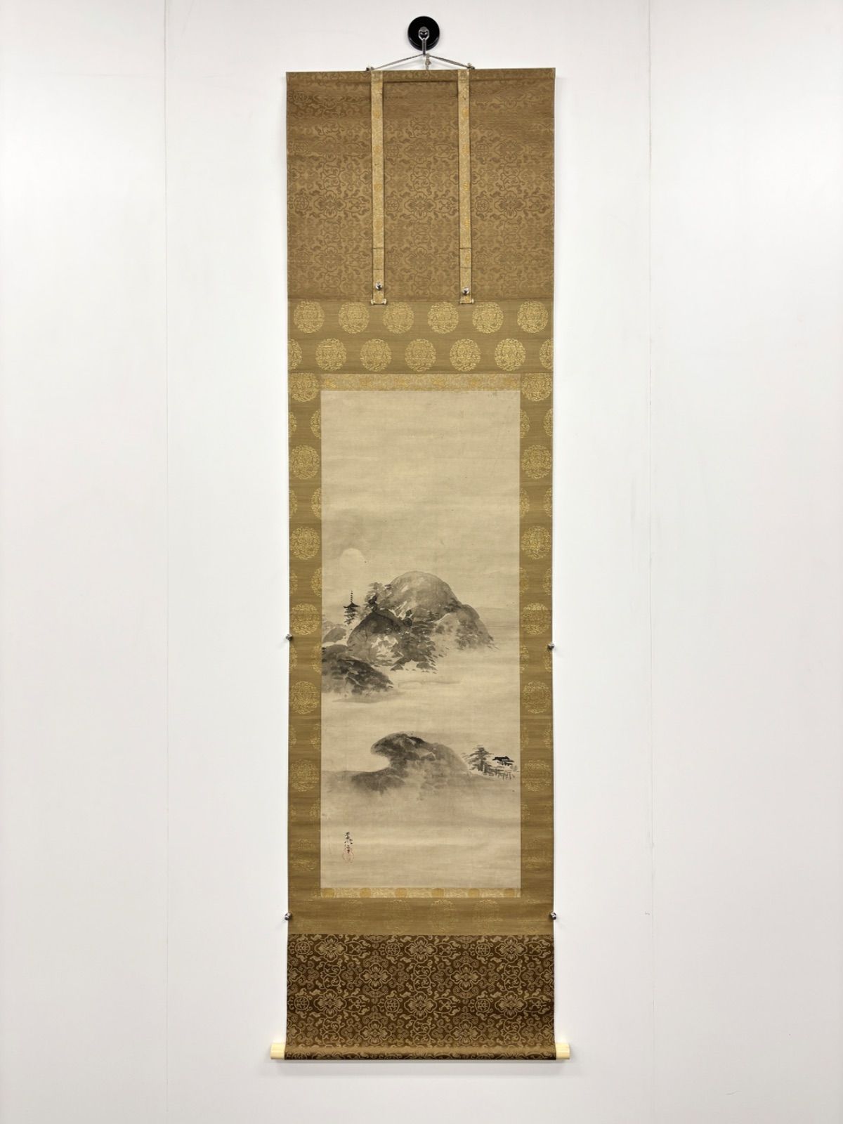 掛け軸　落款印有り　狩野探信　亀　竹　岩　水辺　昭和レトロ　時代物 掛け軸 落款印有り 狩野探信 亀 竹 岩 水辺 昭和レトロ 時代物 掛け軸