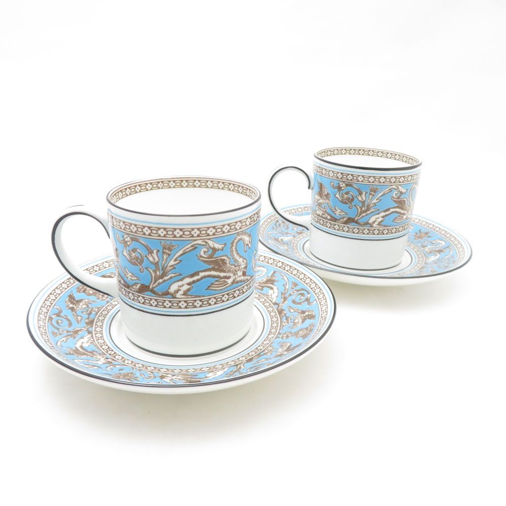 ウェッジウッド フロレンティーンターコイズ コーヒーカップ＆ソーサー 2客 ペア 旧刻印 黒壺