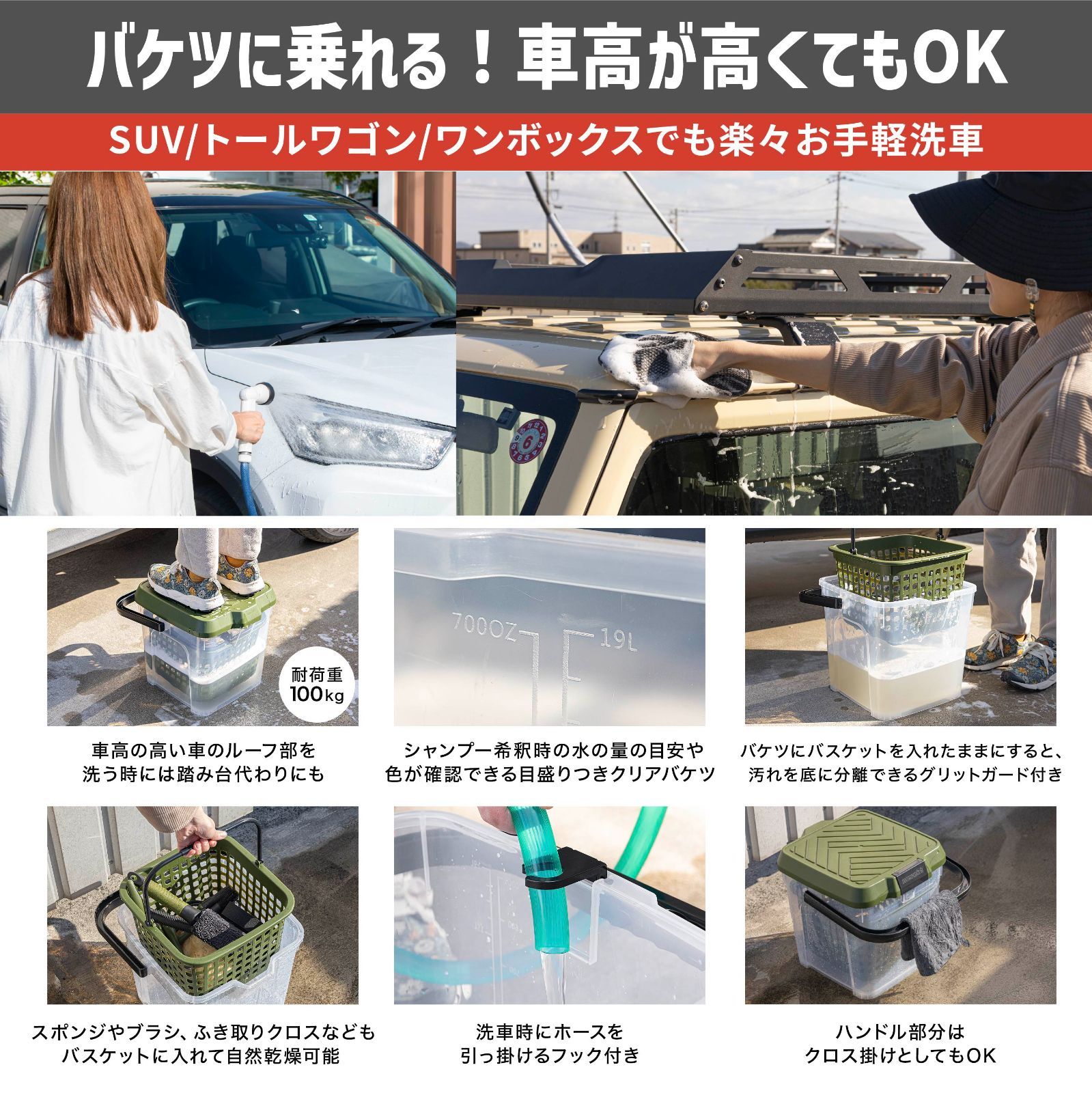 ネセクト] 洗車セット25点 耐荷重100kg 踏み台バケツ＆収納バスケット