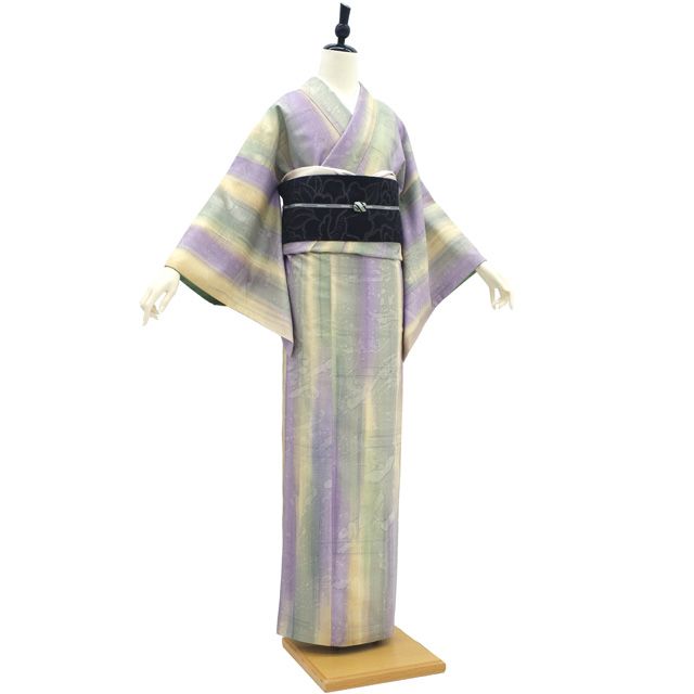 紬 着物 リサイクル 正絹 袷 手染め 紫 緑 黄色 美しいぼかし染 カジュアル 中古 仕立て上がり 身丈168 裄丈67 Ｌサイズ みやがわ sb16963 中古】 紬 着物 リサイクル 正絹 袷 手染め 紫 緑 黄色 美しいぼかし染