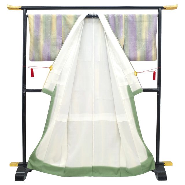 中古】 紬 着物 リサイクル 正絹 袷 手染め 紫 緑 黄色 美しいぼかし染
