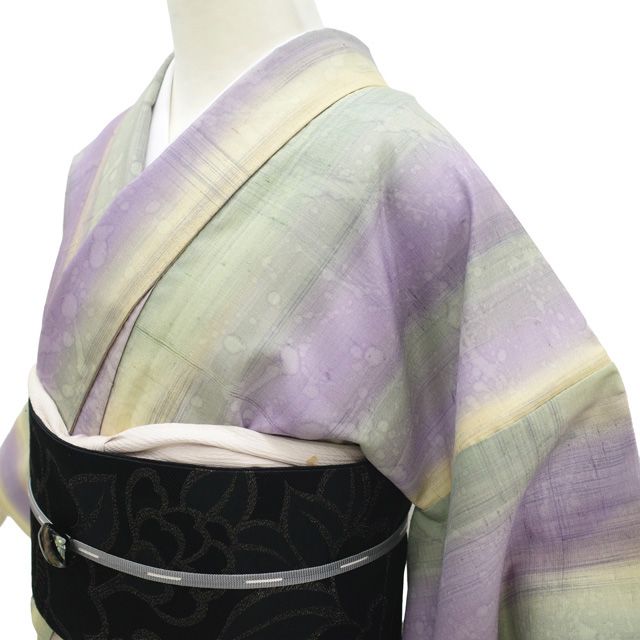 紬 着物 リサイクル 正絹 袷 手染め 紫 緑 黄色 美しいぼかし染 カジュアル 中古 仕立て上がり 身丈168 裄丈67 Ｌサイズ みやがわ sb16963 中古】 紬 着物 リサイクル 正絹 袷 手染め 紫 緑 黄色 美しいぼかし染