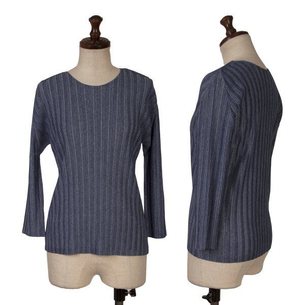 PLEATS PLEASEプリーツプリーズRIB PLEAT カットソー　3 プリーツプリーズPLEATS PLEASE 七分袖プリーツカットソー 紺3 - メルカリ