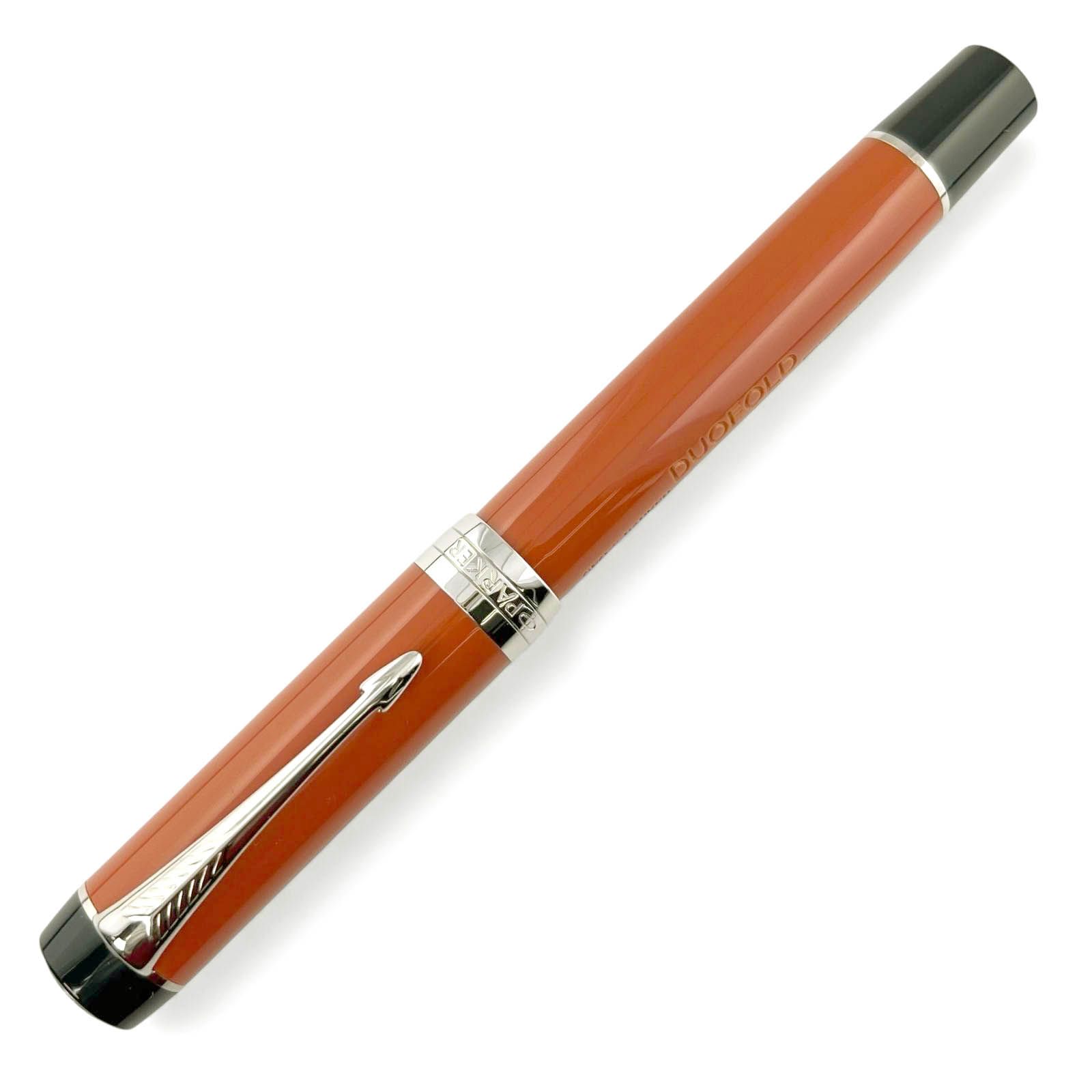 ▲PARKER パーカー デュオフォールド クラシック ビッグレッドCT センテニアル ペン先18 K Fニブ 万年筆 オレンジ シルバー フランス製 メンズ