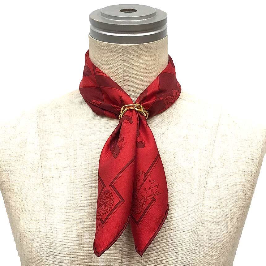 HERMES シルクスカーフ 赤 HERMES エルメス シルク スカーフ カレ 馬着 レッド 赤 ポケットチーフ