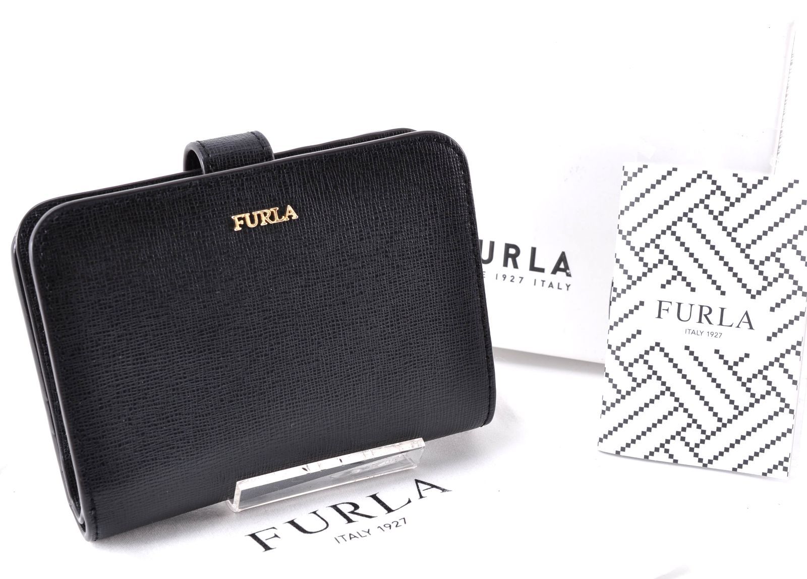 美品 FURLA フルラ バビロン Bi-fold Wallet 二つ折り財布 Black ブラック Golg Logo ゴールド ロゴ 箱・保存袋付