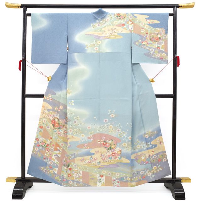 超美品　正絹　袷　螺鈿　金彩　訪問着　着物　着丈168裄70 トールサイズ　水色 訪問着レンタル hw1408 トールサイズ 高身長 165cm〜175cm 卒業式 母