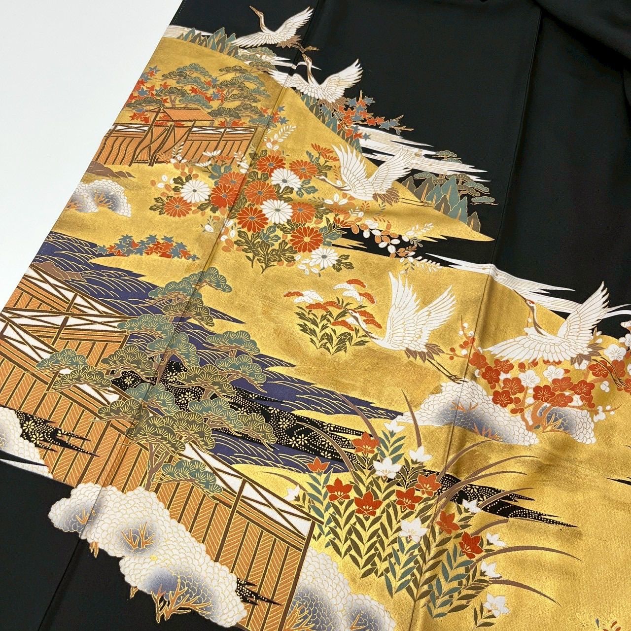 黒留袖 本金箔 鶴 金彩 五つ紋 比翼 正絹 着物 MK-3569 - メルカリ