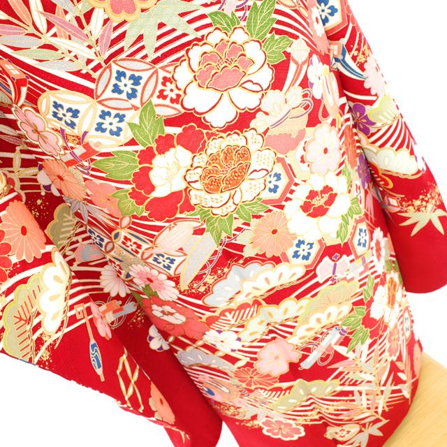 中古】 振袖 着物 長襦袢 セット 正絹 金駒刺繍 金彩加工 赤 牡丹 桜