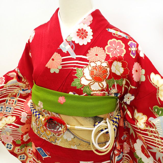 中古】 振袖 着物 長襦袢 セット 正絹 金駒刺繍 金彩加工 赤 牡丹 桜