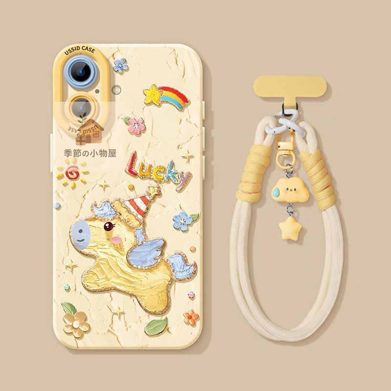 新品 未使用iPhone Air かわいい油絵風 子馬 シリコン素材 スマホケース ストラップ付き 耐衝撃 レンズ保護 4色選択可可愛い系 