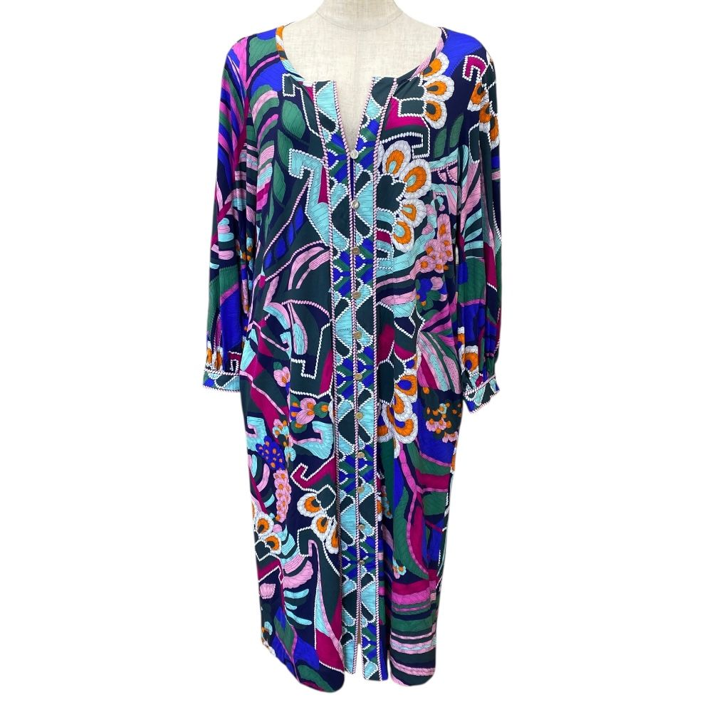 レオナール ワンピース ドレス 膝丈 長袖 花柄 フラワー伸縮性 マルチ