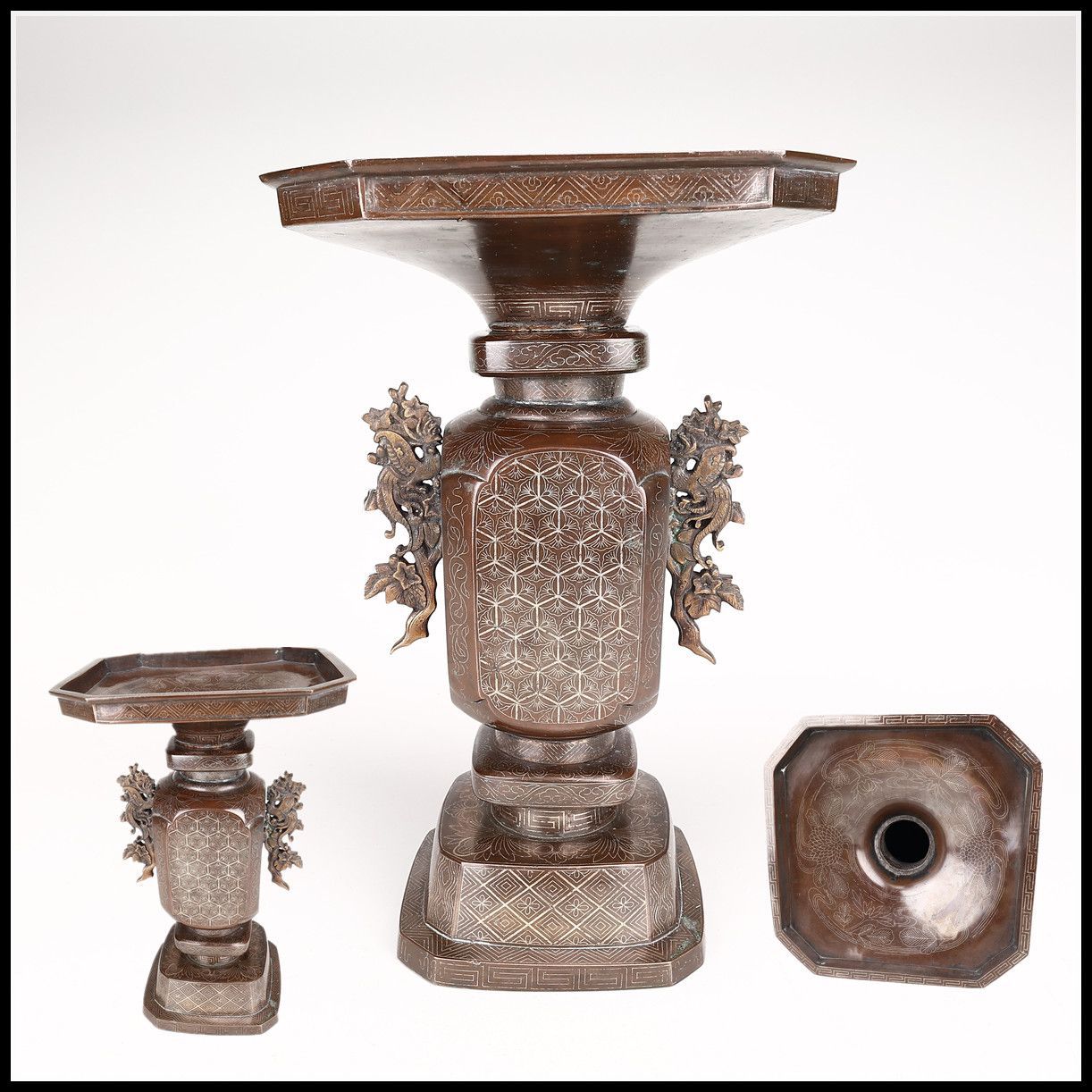 DA732 明治金工最高峰 銅製 全身銀象嵌 角花瓶 大型 高31.5㎝／箱付 美