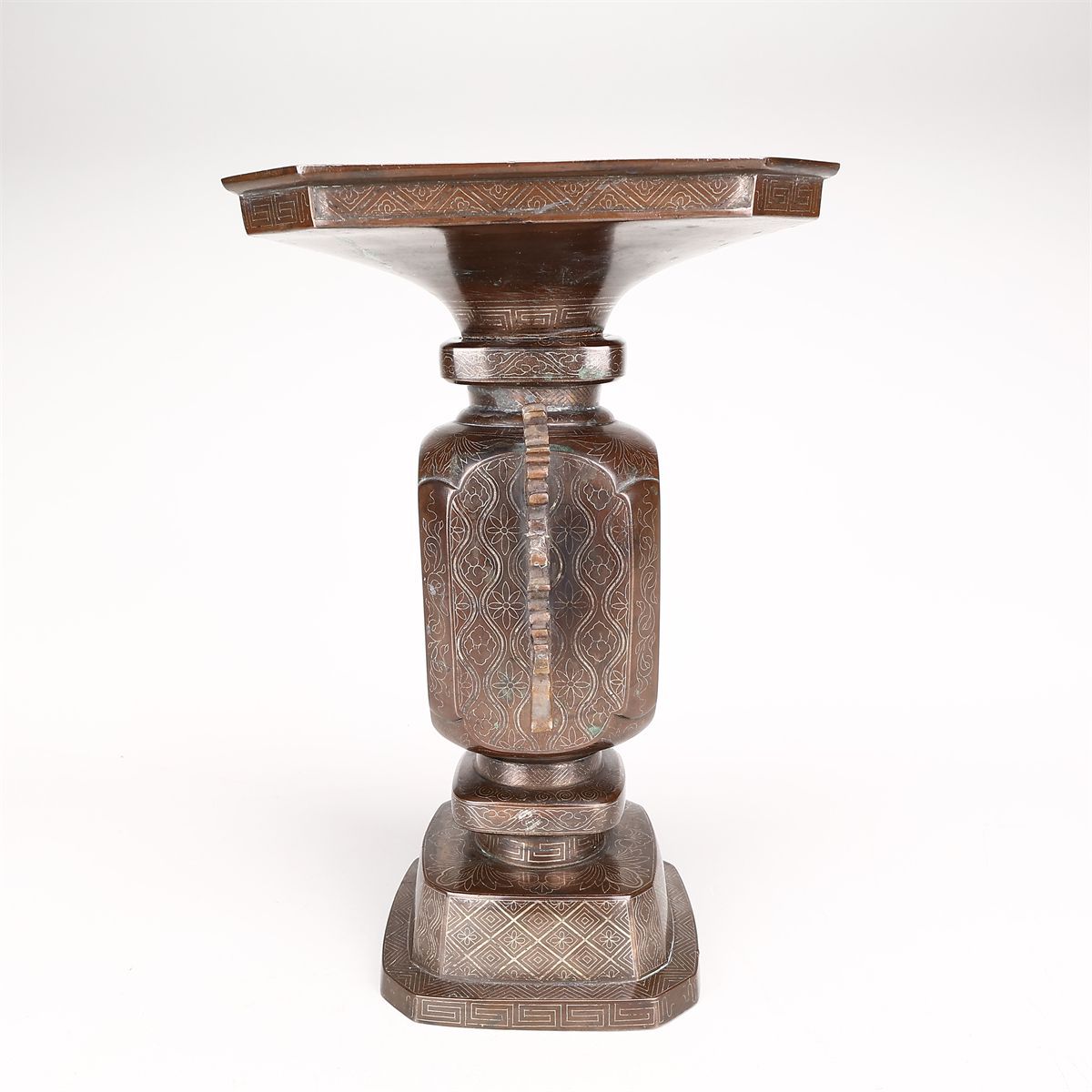 DA732 明治金工最高峰 銅製 全身銀象嵌 角花瓶 大型 高31.5㎝／箱付 美