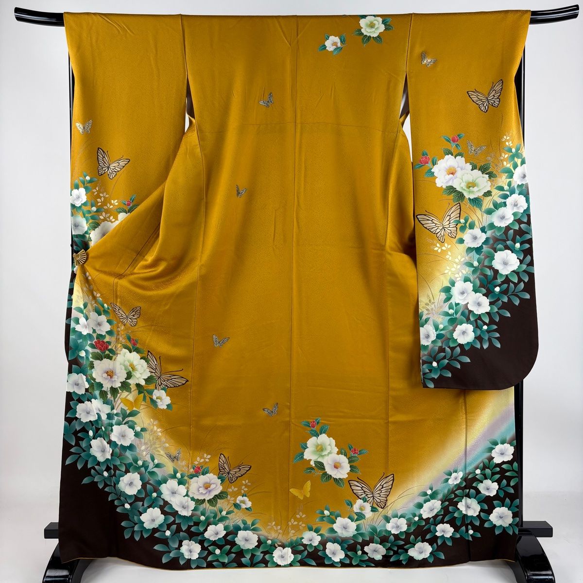振袖 美品 名品 草花 葉柄 金彩 染め分け 山吹茶色 袷 身丈167cm 裄丈