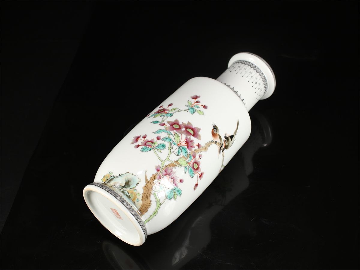 唐物 【中国景徳鎮製】 粉彩花鳥紋 花瓶 高30.4㎝／共箱付 美品ZR