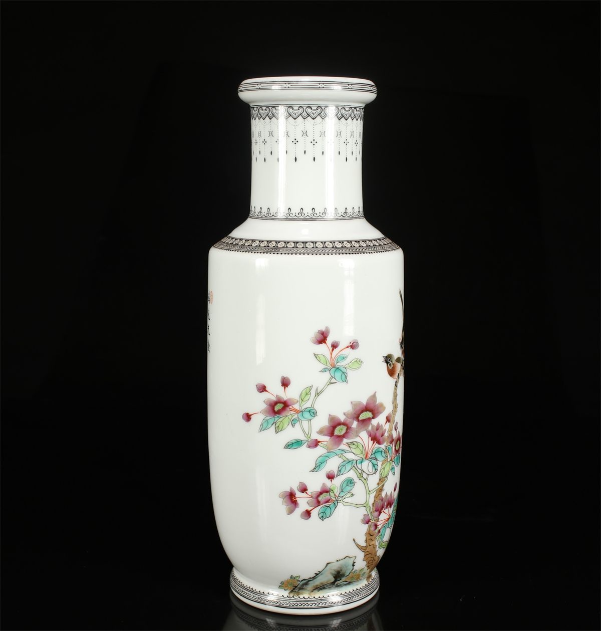 唐物 【中国景徳鎮製】 粉彩花鳥紋 花瓶 高30.4㎝／共箱付 美品ZR