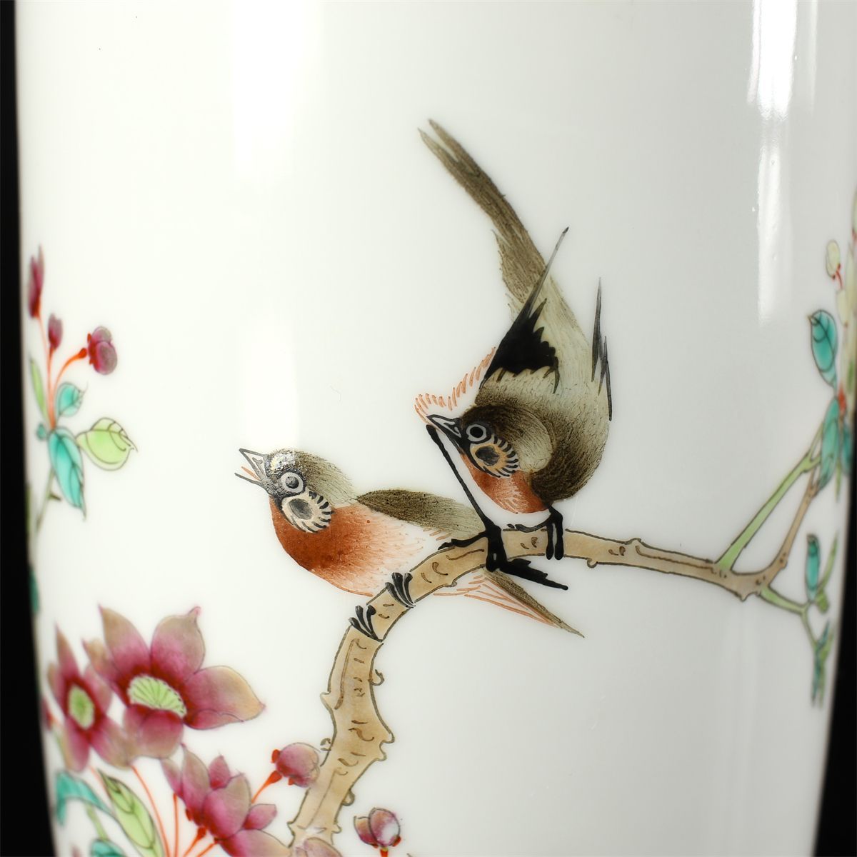 唐物 【中国景徳鎮製】 粉彩花鳥紋 花瓶 高30.4㎝／共箱付 美品ZR